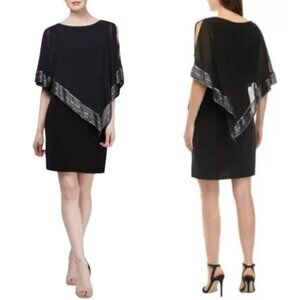 NWT SLNY Mylar Trim Asymmetrical Capelet Black & Silver Mini Dress Sz. 8